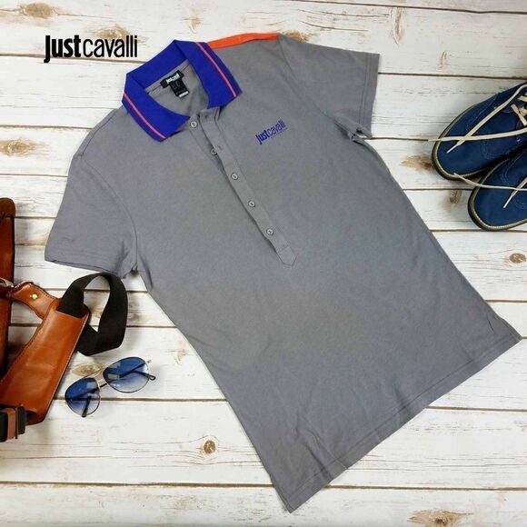 Just Cavalli Men Short Sleeve Gray Logo Print Cotton Beach Polo Shirt Tee US XS